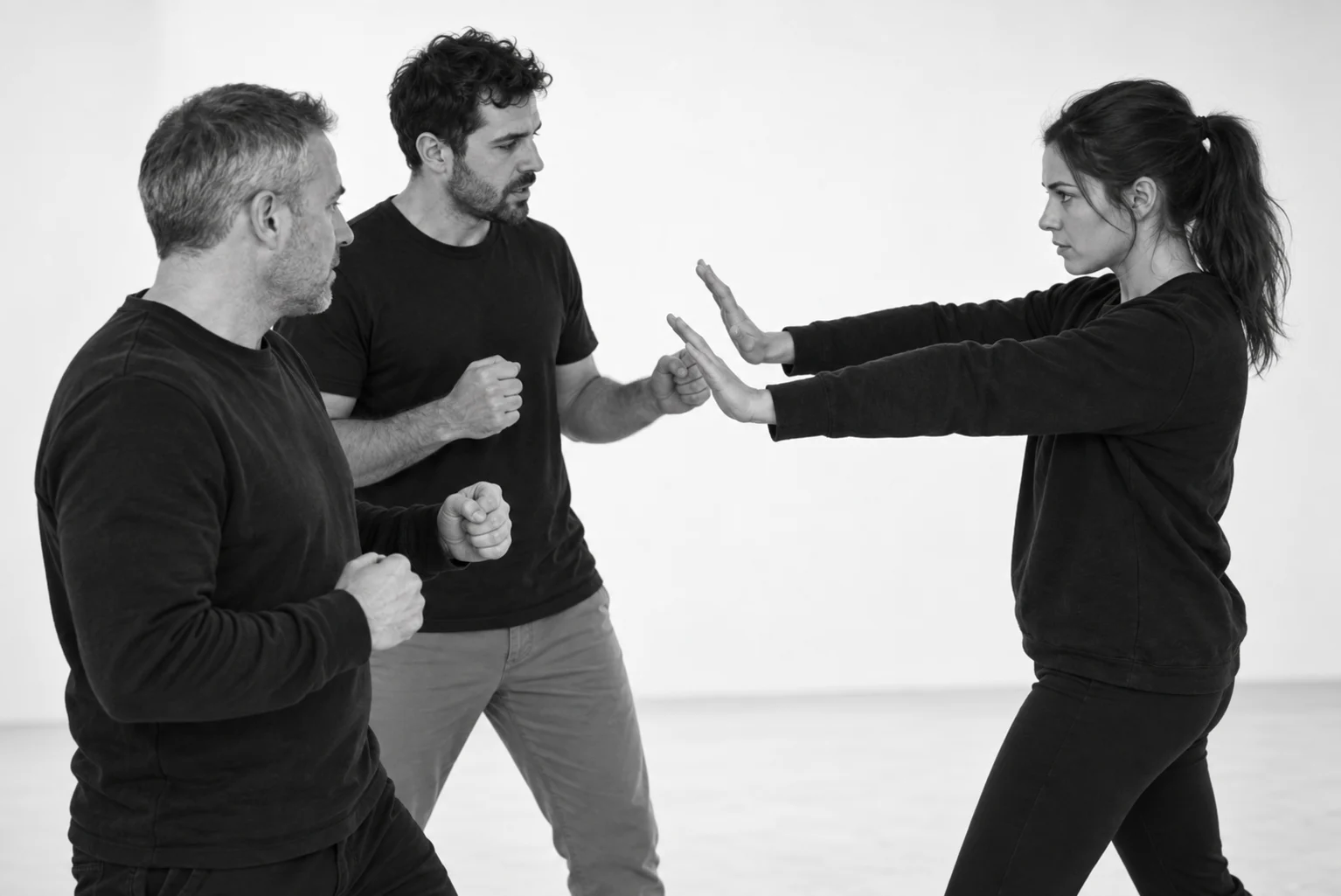 Three adults practising awareness, distance and clear communication in a team workshop