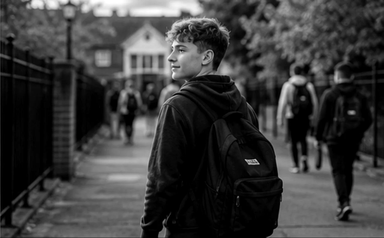 Young person walking confidently near school